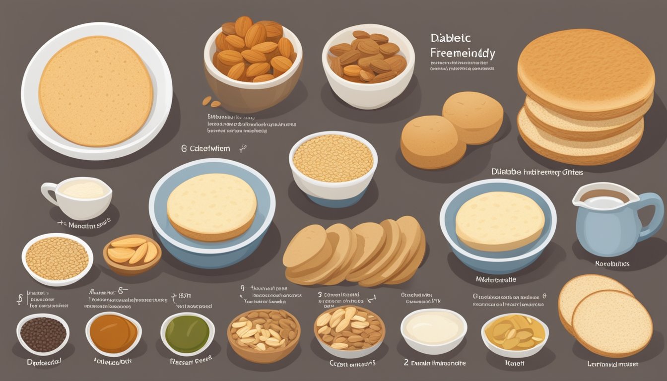 A table with 7 different types of English muffins, each labeled as "diabetic-friendly," surrounded by various ingredients like whole grains, nuts, and seeds