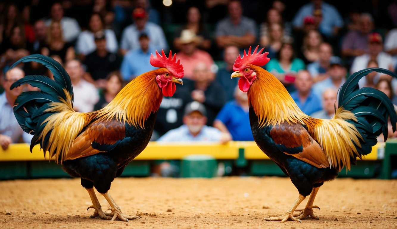 Dua ayam jantan berhadapan di arena yang ramai, dikelilingi oleh penonton yang antusias