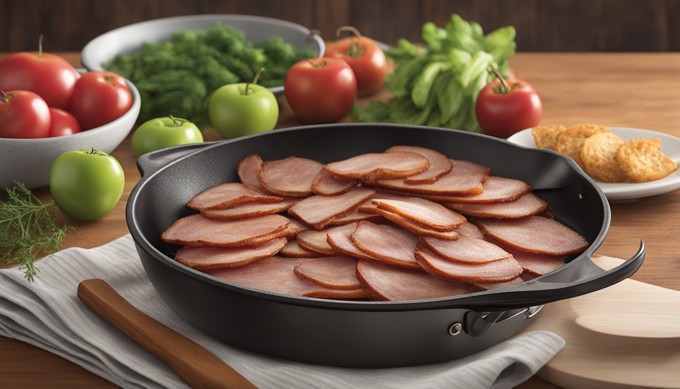 A sizzling skillet with Applegate Naturals Uncured Turkey Bacon cooking to perfection