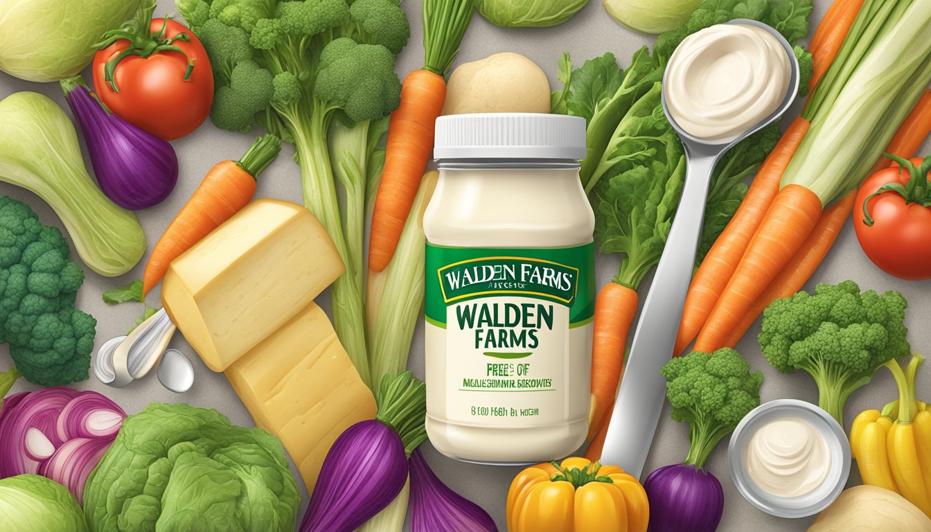 A jar of Walden Farms Calorie Free Mayo surrounded by colorful vegetables and a measuring spoon