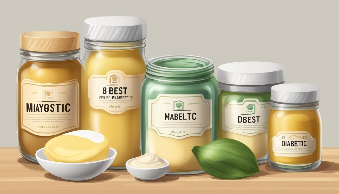 A table with five jars of mayonnaise, each labeled as the "best for diabetics," surrounded by various ingredients like eggs, oil, and vinegar