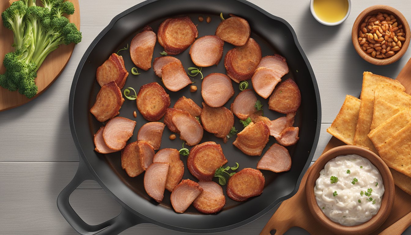 A sizzling skillet with Jennie-O Extra Lean Turkey Bacon cooking