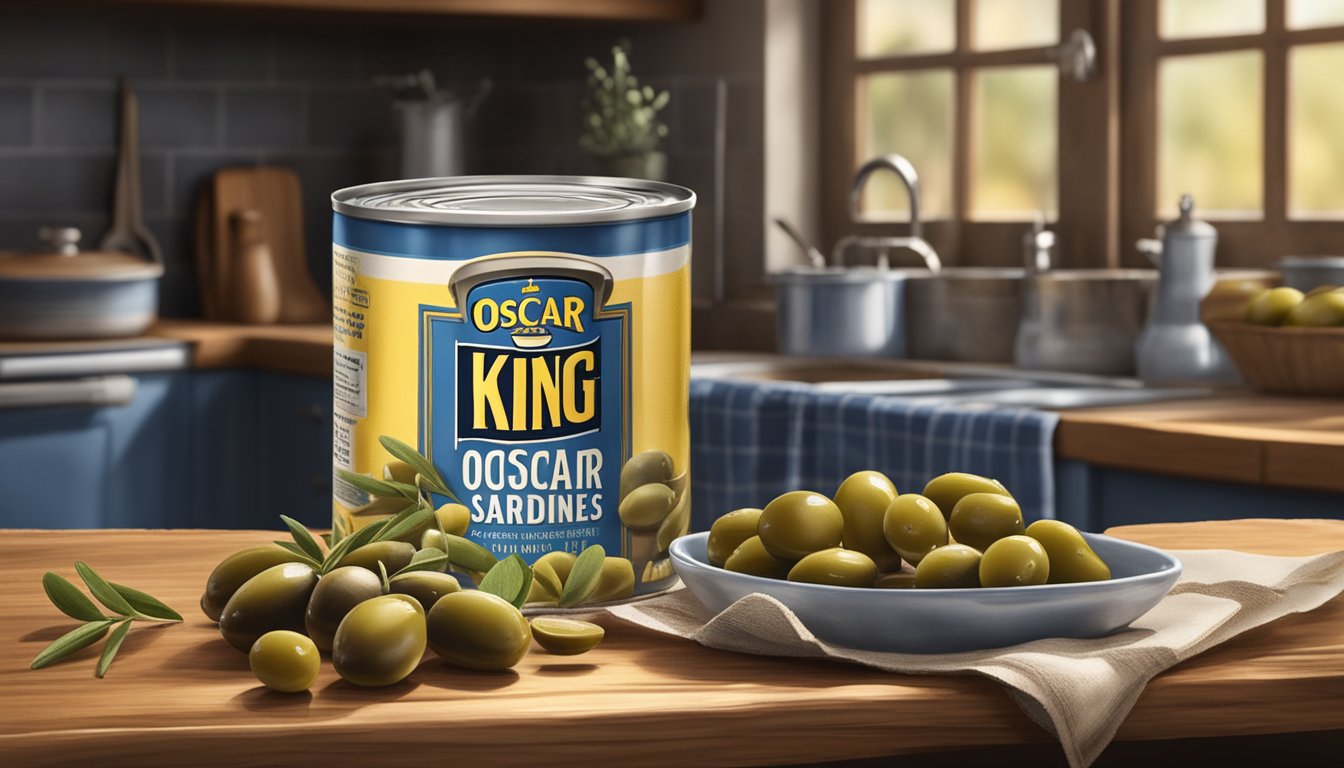 A can of King Oscar sardines sits open, surrounded by fresh olives and a drizzle of olive oil, with a backdrop of a rustic kitchen setting