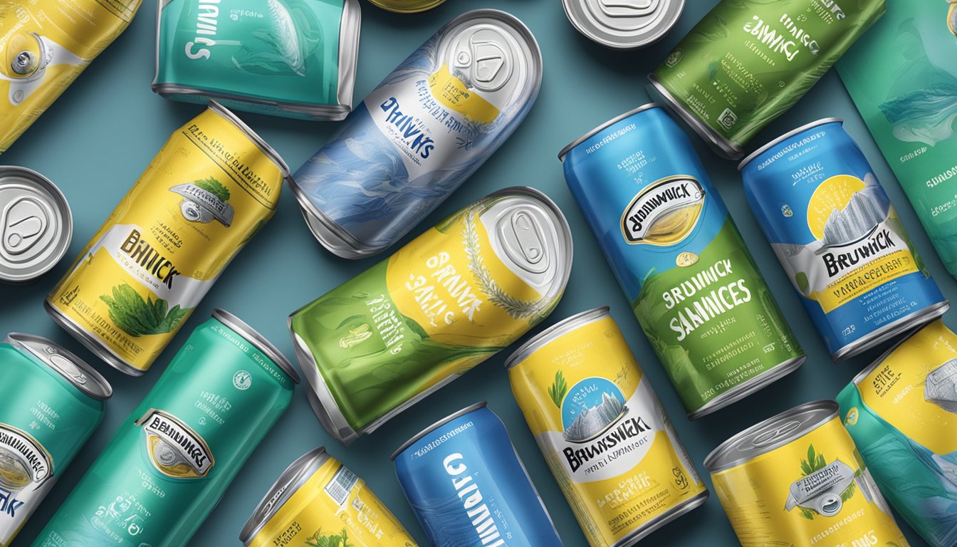 A can of Brunswick Sardines in Spring Water surrounded by 5 other cans, all neatly arranged on a shelf