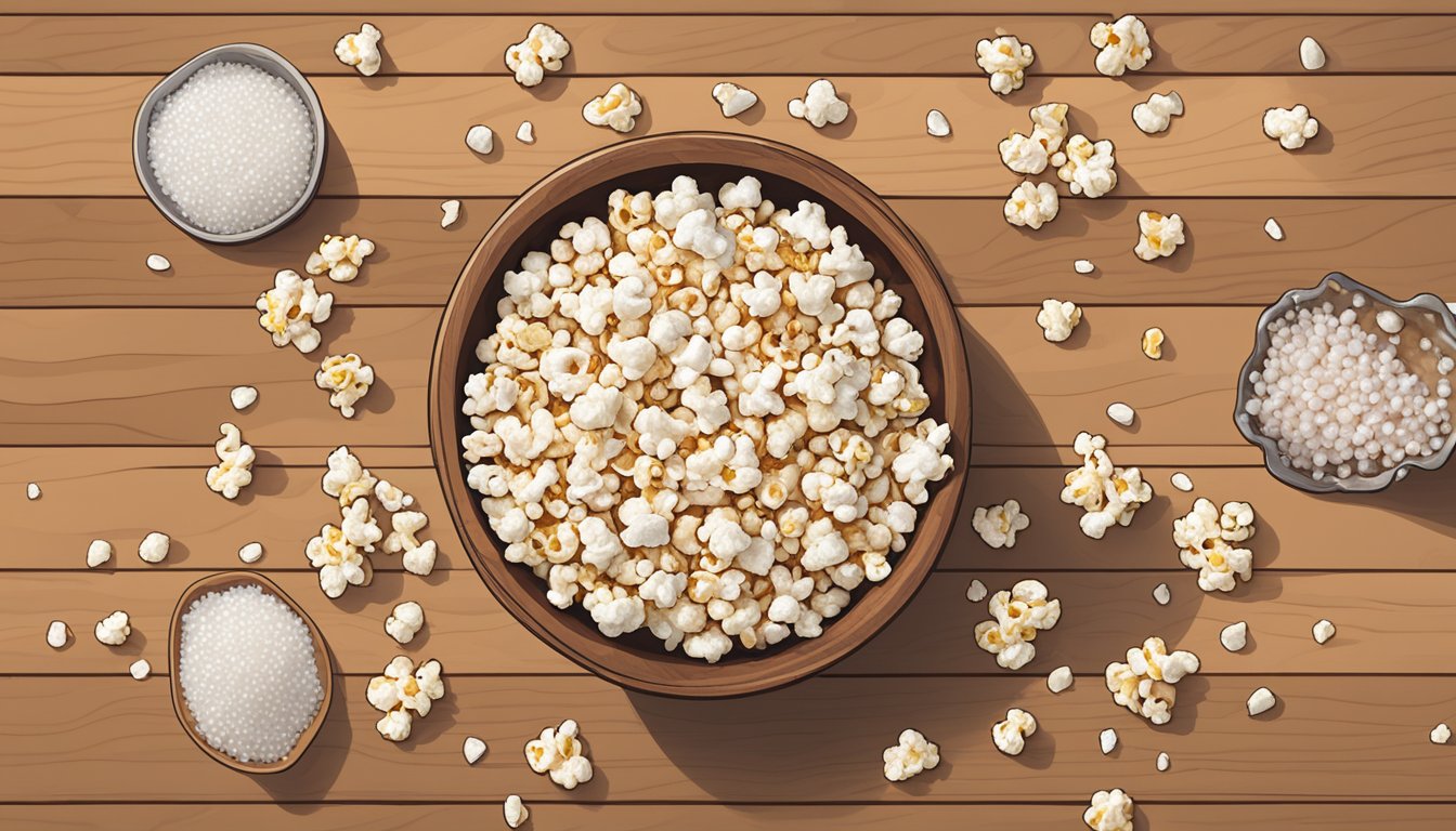 A bowl of Angie's Boomchickapop Sea Salt Popcorn sits on a wooden table, surrounded by a few scattered kernels and a handful of sea salt