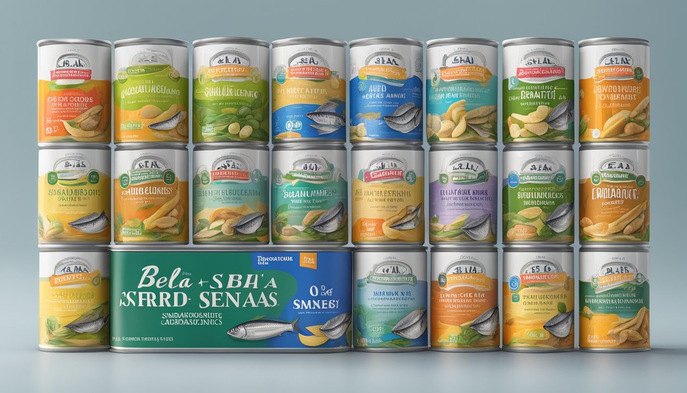 A can of Bela-Olhao Lightly Smoked Sardines in Olive Oil surrounded by six other cans of different brands, all labeled as the best canned sardines for diabetics