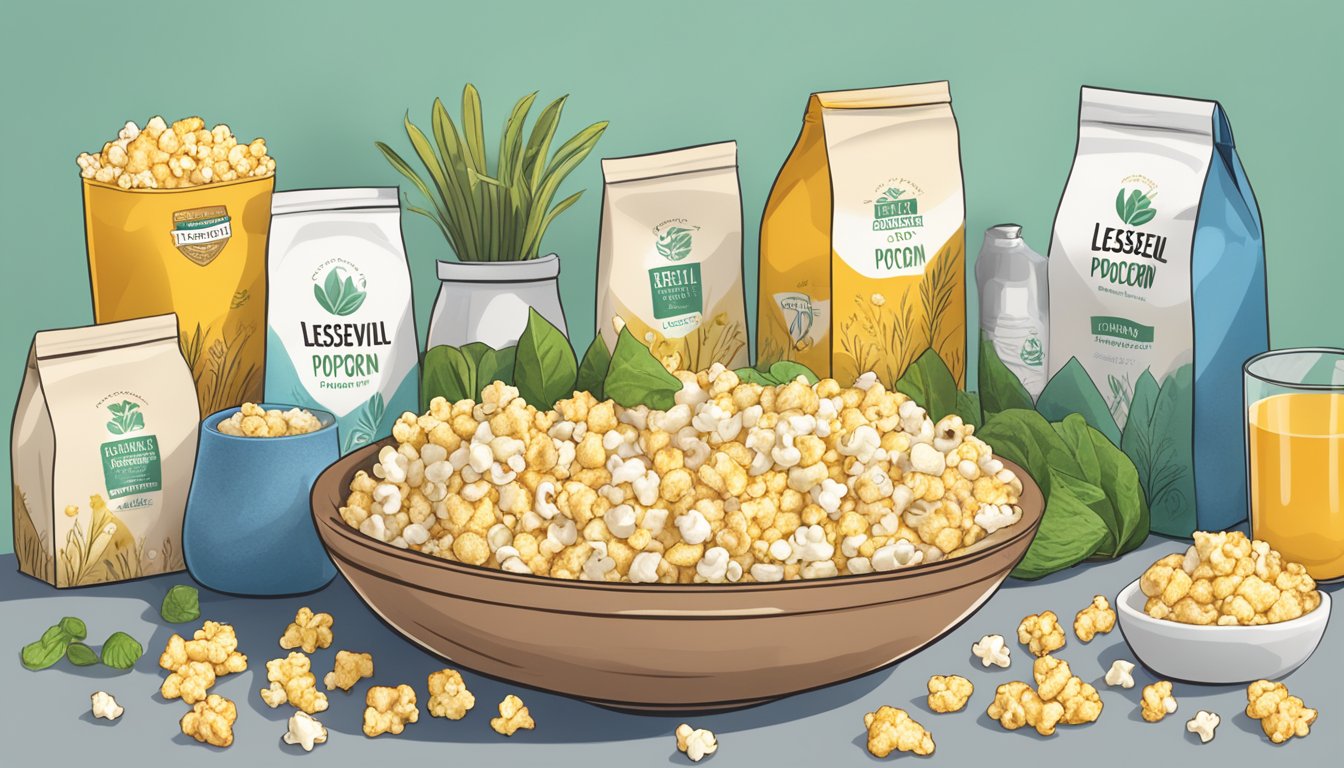 A bowl of LesserEvil Organic Popcorn surrounded by fresh ingredients and a diabetes-friendly label