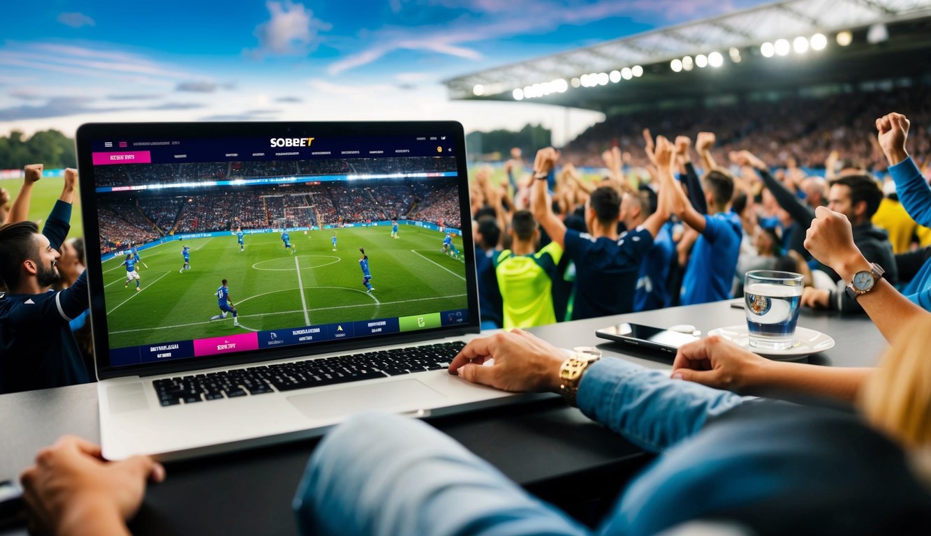 Sebuah pertandingan sepak bola yang disiarkan secara online dengan SBObet, menampilkan aksi langsung dan penggemar yang bersorak