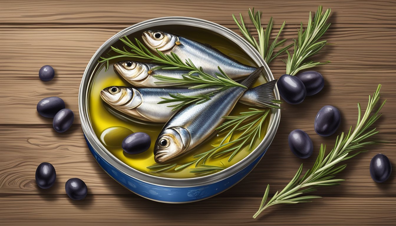 A can of CROWN PRINCE Skinless & Boneless Sardines in Olive Oil surrounded by fresh olives and a sprig of rosemary on a rustic wooden table