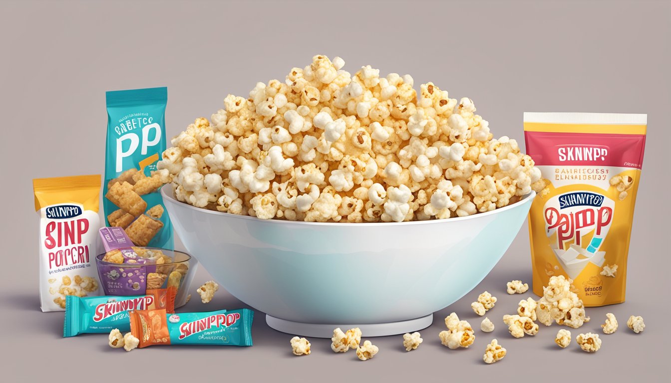 A bowl of SkinnyPop Original Popcorn surrounded by a variety of diabetic-friendly snacks, with a diabetic testing kit nearby