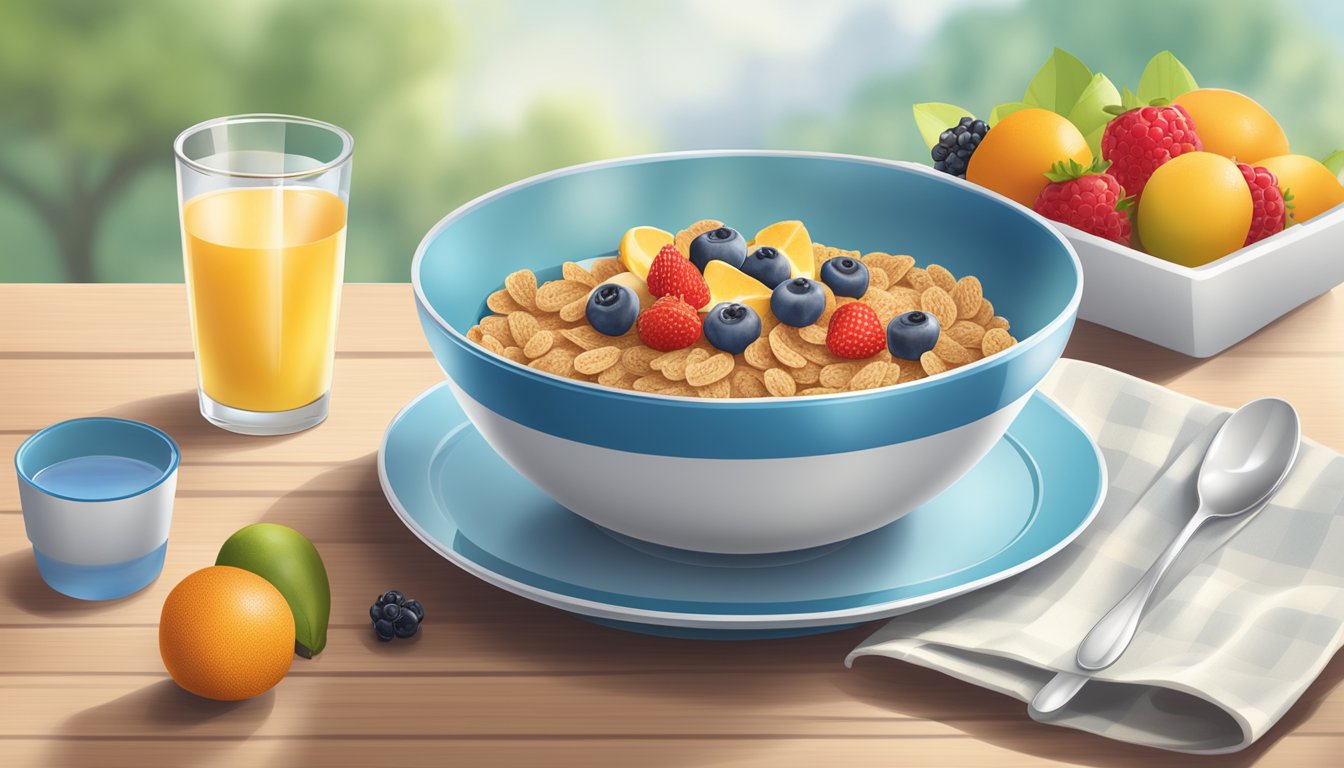 A bowl of Kellogg's All-Bran cereal surrounded by fresh fruits and a glass of water on a breakfast table