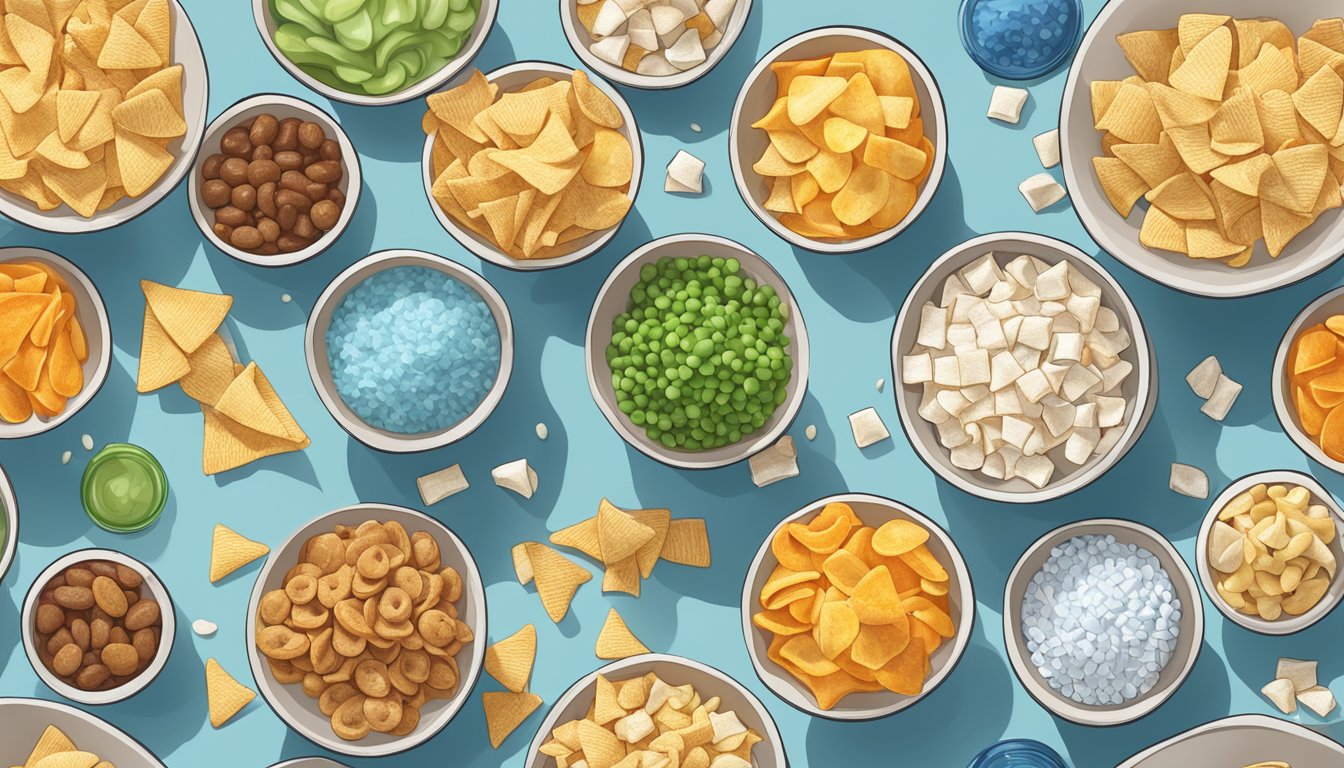 A bowl of Popcorners Sea Salt Chips surrounded by other diabetic-friendly snacks