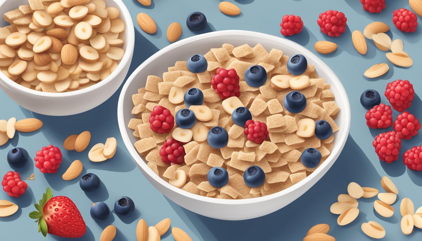 A bowl of Quaker Oatmeal Squares cereal surrounded by a variety of diabetic-friendly ingredients like berries, nuts, and a glass of almond milk