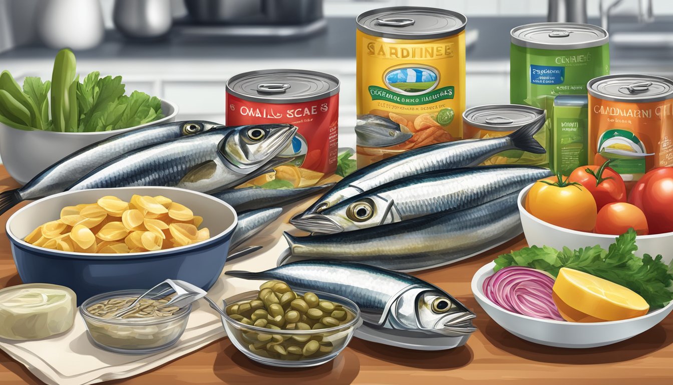 A variety of canned sardines arranged on a kitchen counter with a blood glucose monitor and healthy food items nearby