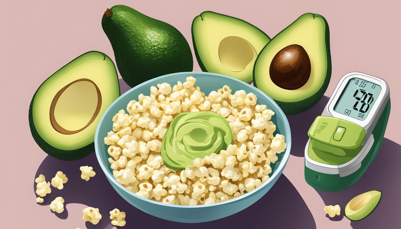 A bowl of Quinn Snacks Avocado Oil Popcorn surrounded by fresh avocados and a blood glucose monitor