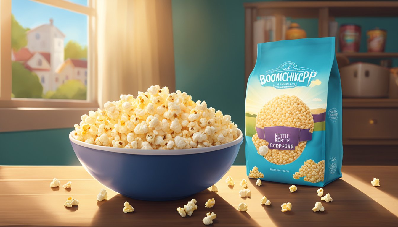 A bag of BoomChickaPop Light Kettle Corn sits on a wooden table with a bowl of popcorn next to it. Sunlight streams in through a nearby window, casting a warm glow on the scene