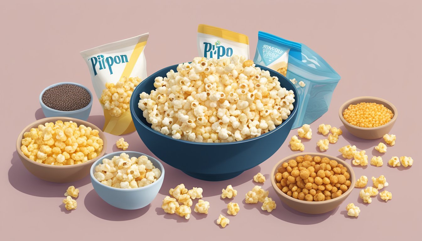 A bowl of Pipcorn Sea Salt Mini Popcorn surrounded by a variety of diabetic-friendly snacks on a table