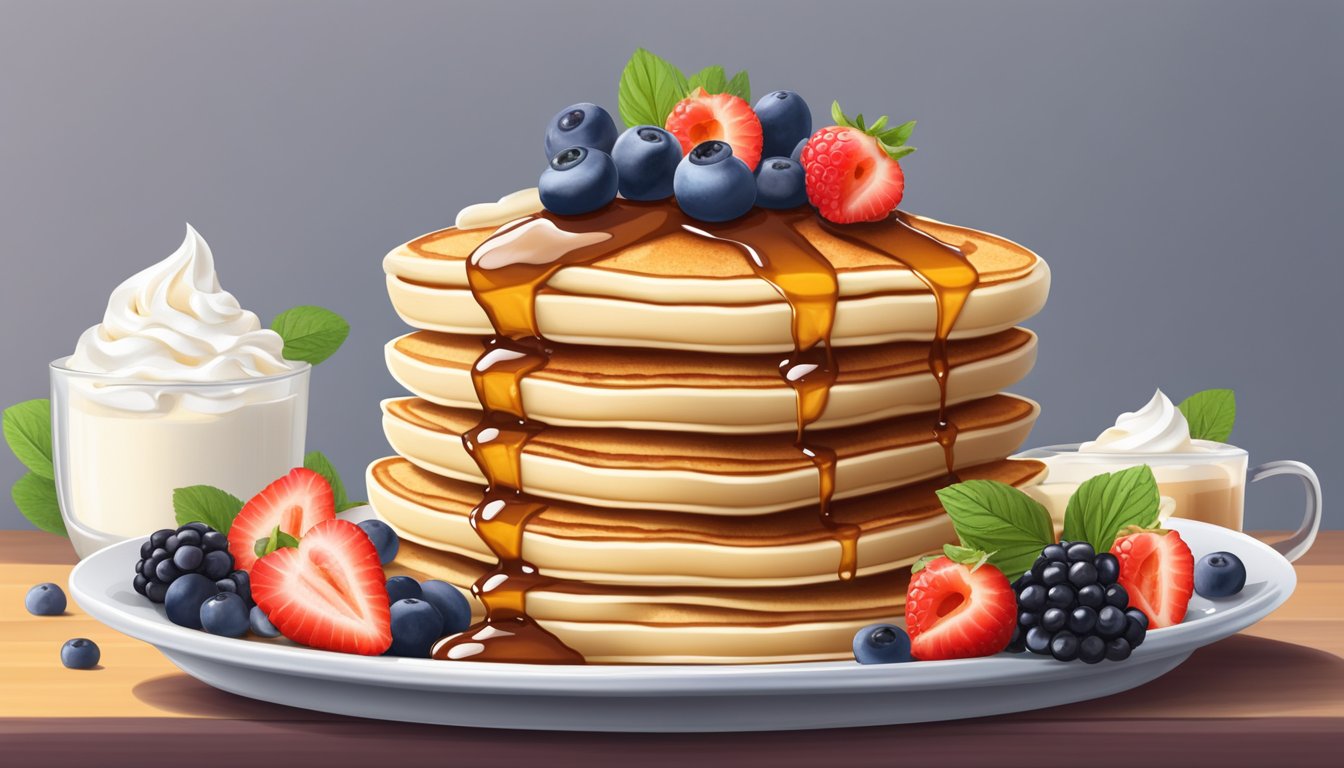 A stack of pancakes drizzled with sugar-free syrup, surrounded by fresh berries and a dollop of whipped cream