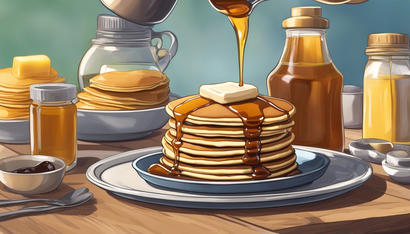 A stack of pancakes with Walden Farms Pancake Syrup being poured over them, surrounded by other sugar-free syrup bottles