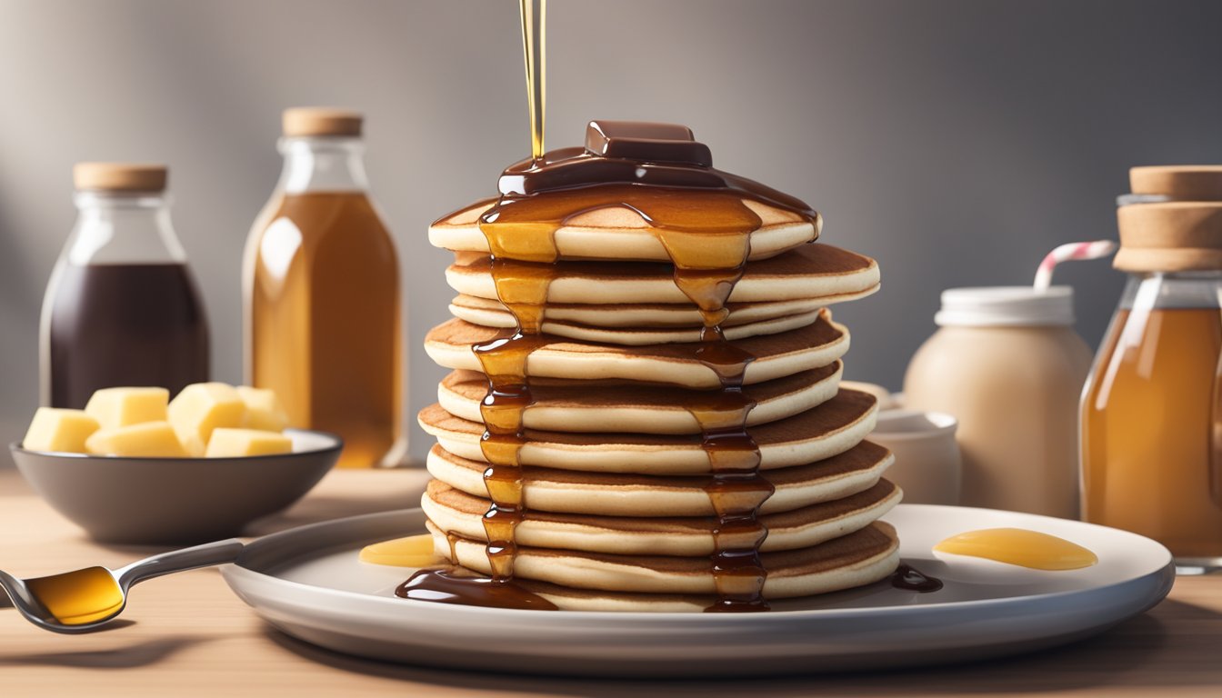 A stack of fluffy pancakes topped with ChocZero's Keto Maple Syrup, surrounded by bottles of various sugar-free syrups for diabetics