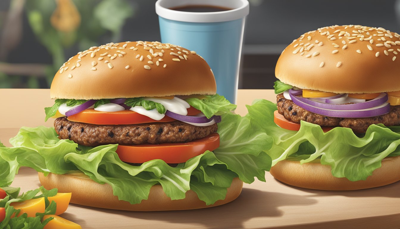 A sizzling MorningStar Farms Grillers Original veggie burger on a grill, surrounded by fresh lettuce, tomato, and whole grain bun