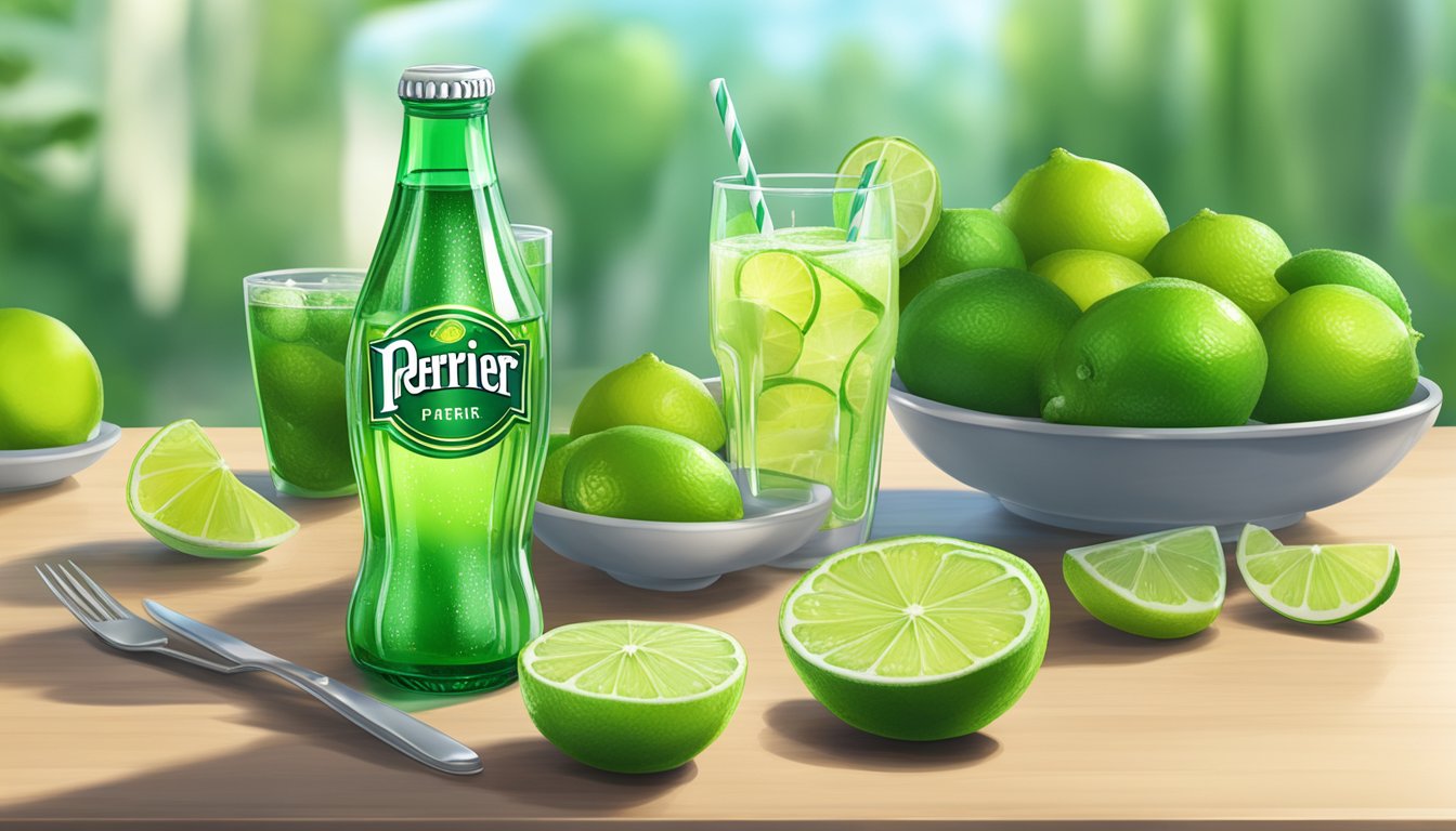 A refreshing glass of Perrier Lime sits on a table, surrounded by fresh limes and a diabetes-friendly food spread