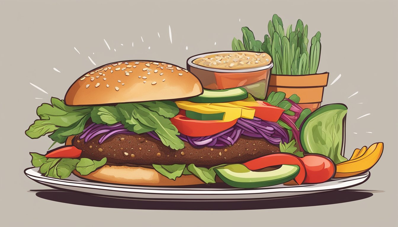 A sizzling adzuki bean burger topped with fresh veggies on a whole grain bun, surrounded by colorful Southwest-inspired ingredients