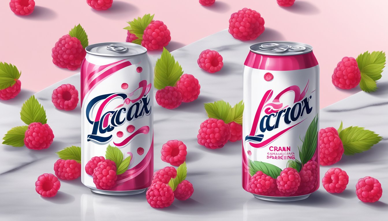 A can of LaCroix Cran-Raspberry sparkling water surrounded by fresh raspberries and cranberries on a white marble countertop