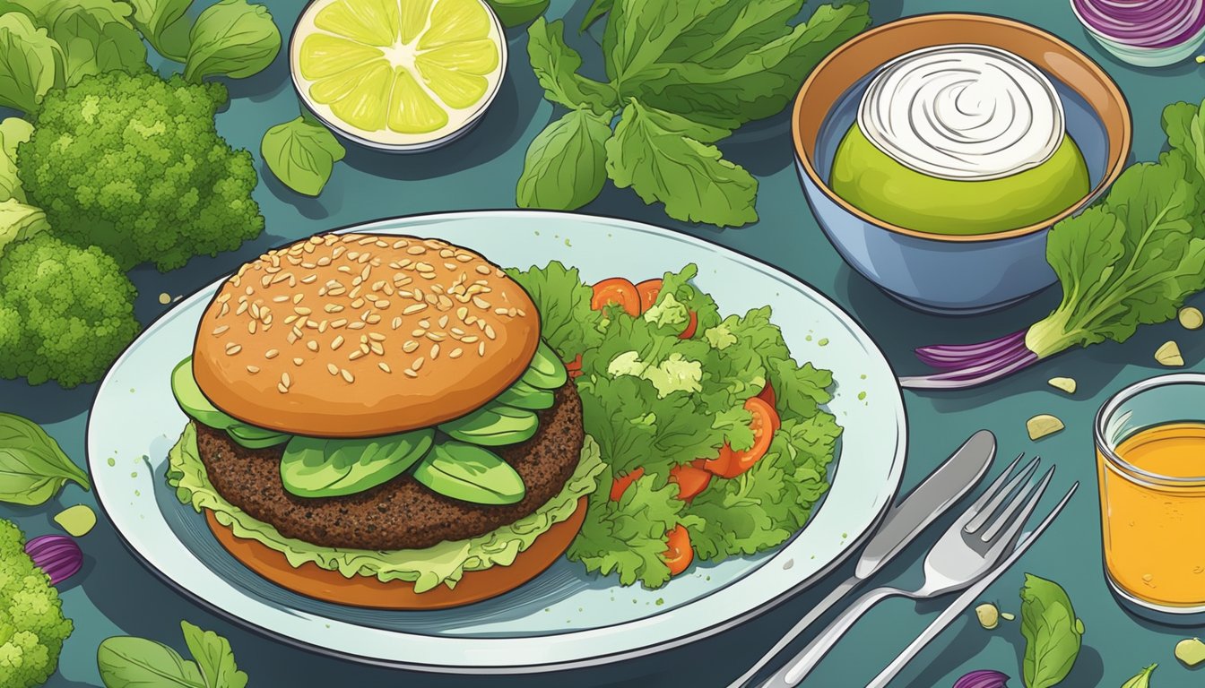 A colorful plate with a Super Greens Veggie Burger, surrounded by fresh vegetables and a side of quinoa salad