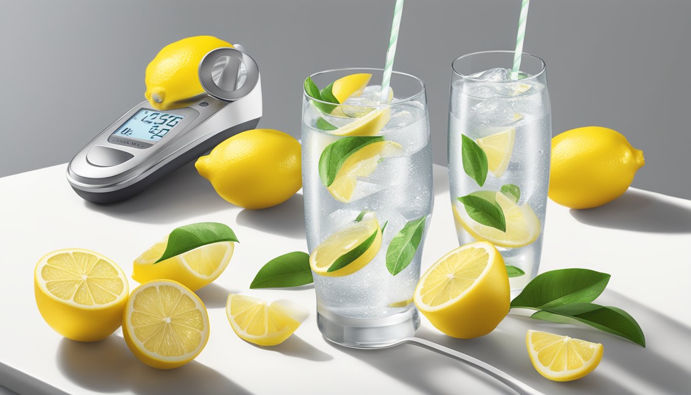 A glass of Spindrift Lemon sparkling water surrounded by fresh lemons and a glucose meter on a clean, white tabletop