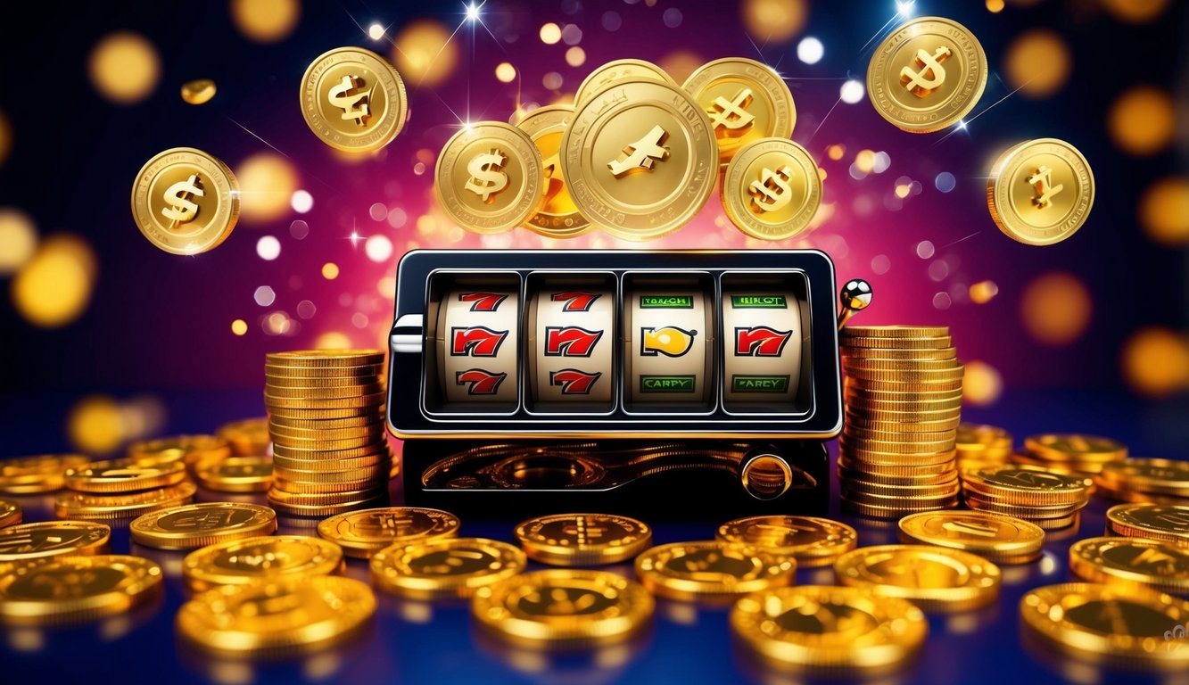 Mesin slot online yang cerah dikelilingi oleh koin emas dan simbol bonus yang berkilau