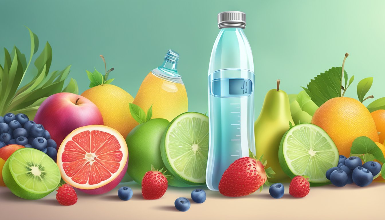 A sparkling water bottle surrounded by fresh fruits and a glucose monitor