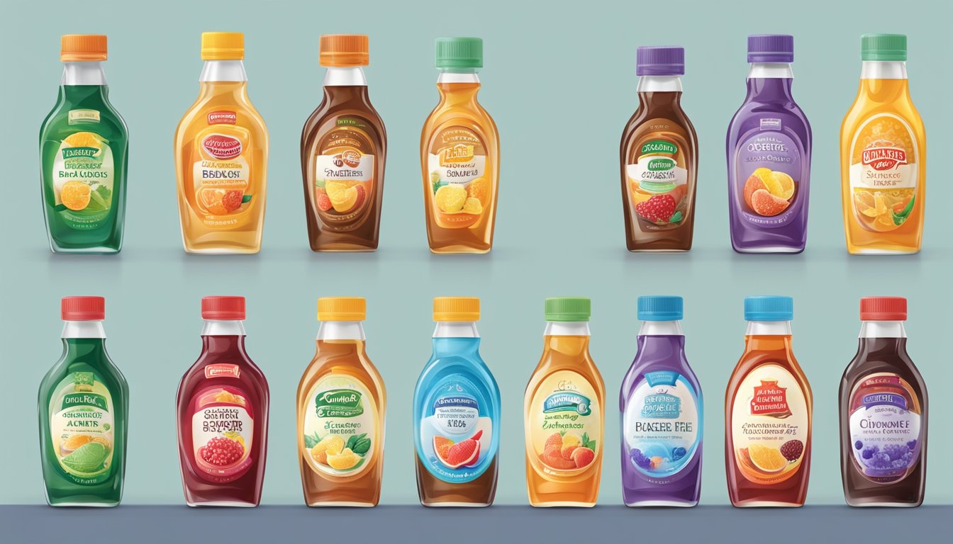 A table with 8 bottles of sugar-free syrup, each labeled with different flavors and brand names. A diabetic-friendly logo is displayed on each bottle