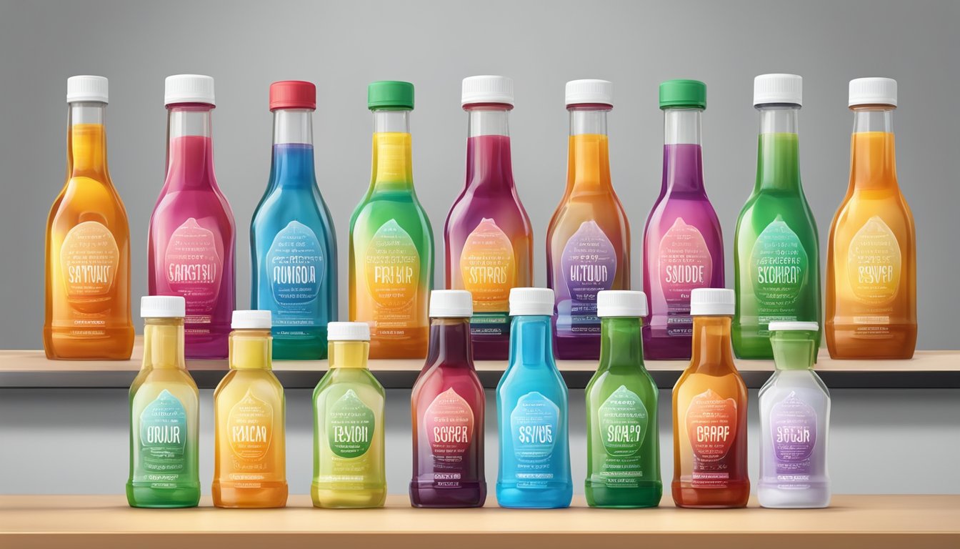 An array of colorful sugar-free syrup bottles arranged on a clean, modern kitchen countertop. Each bottle is labeled with the flavor and nutritional information