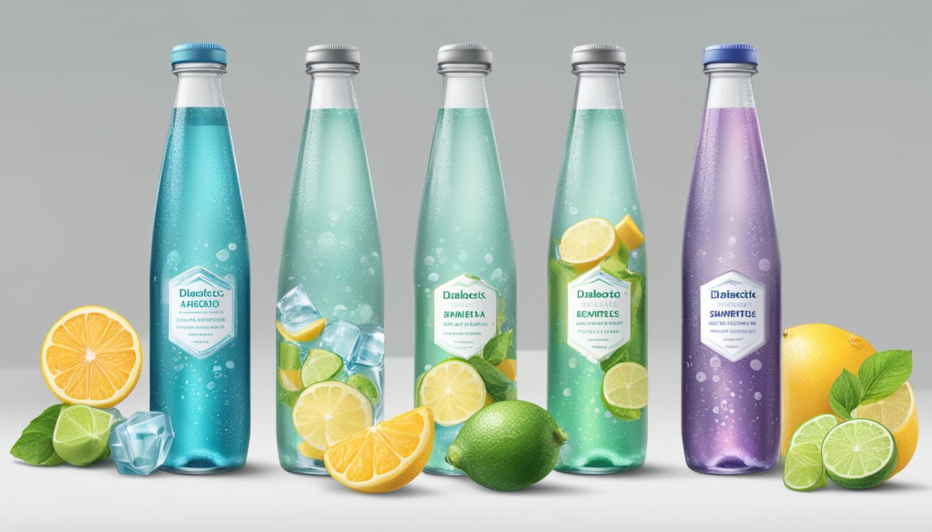 A table with 5 different types of sparkling water bottles, each labeled with the brand name and a brief description of the benefits for diabetics