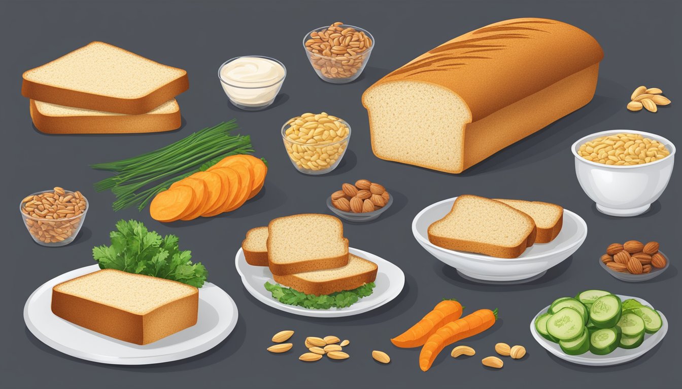 A table with 6 slices of Sola Golden Wheat Bread, surrounded by low-carb ingredients like vegetables and nuts