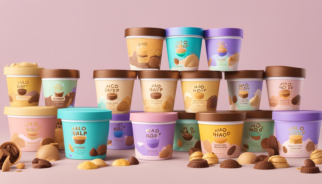 A colorful display of Halo Top Dairy-Free Peanut Butter Cup surrounded by 6 other sugar-free ice cream containers, each with a different flavor