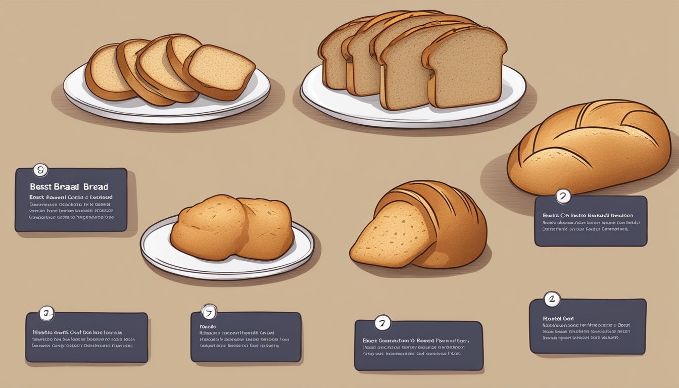 A table set with six different types of bread, with labels indicating "ThinSlim Foods Zero Carb Bread" and "best low-carb bread options for diabetics."