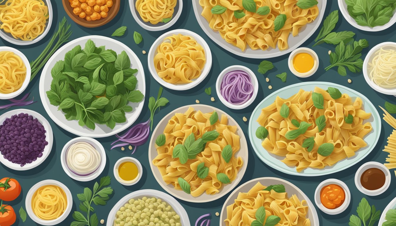 A table set with a variety of diabetic-friendly pasta alternatives, including chickpea pasta, surrounded by colorful vegetables and herbs