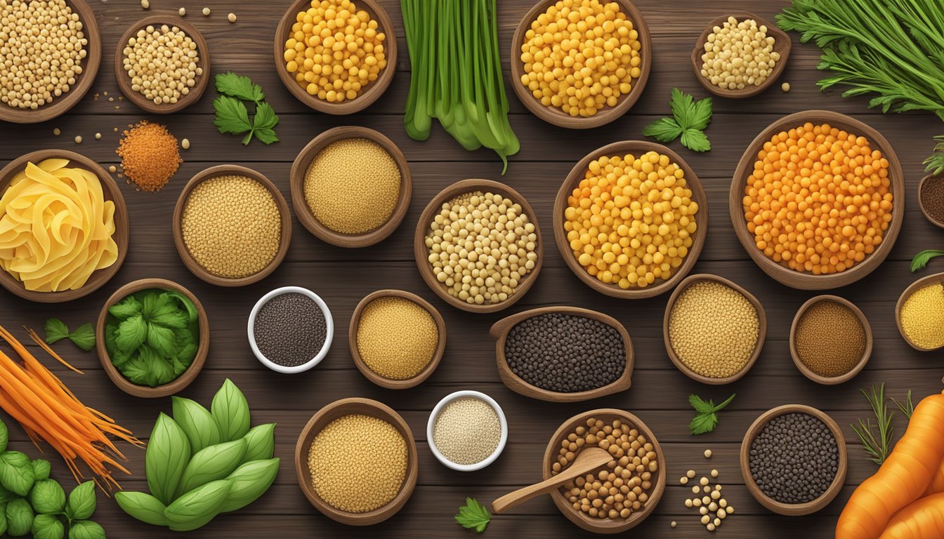 A colorful array of lentil, chickpea, and quinoa pasta arranged on a rustic wooden table, surrounded by fresh vegetables and herbs