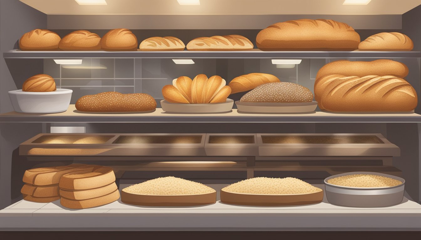 A display of 6 varieties of low-carb bread at Alvarado St. Bakery, with focus on the Sprouted Wheat option for diabetics