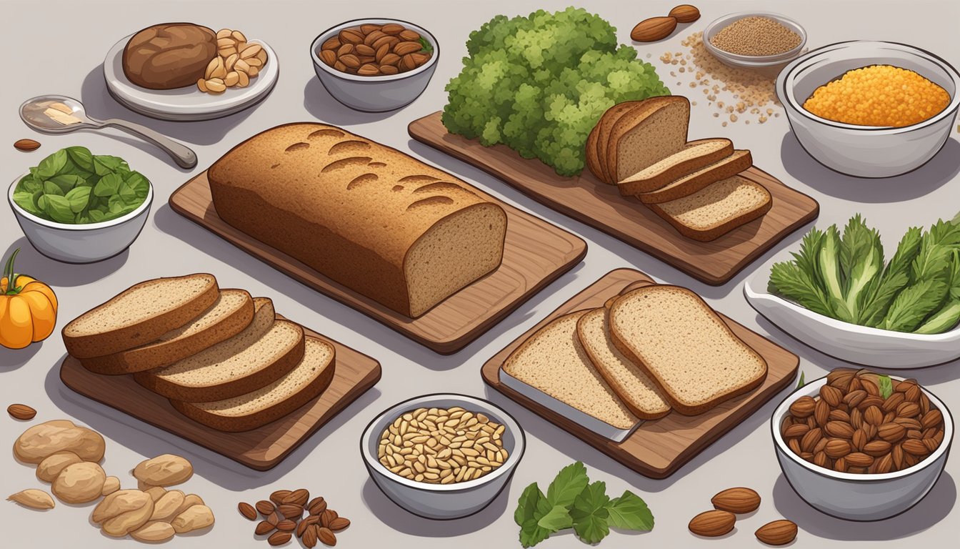 A table with 6 loaves of Earth Grown Gluten-Free Brown Bread, surrounded by various low-carb ingredients like nuts, seeds, and vegetables