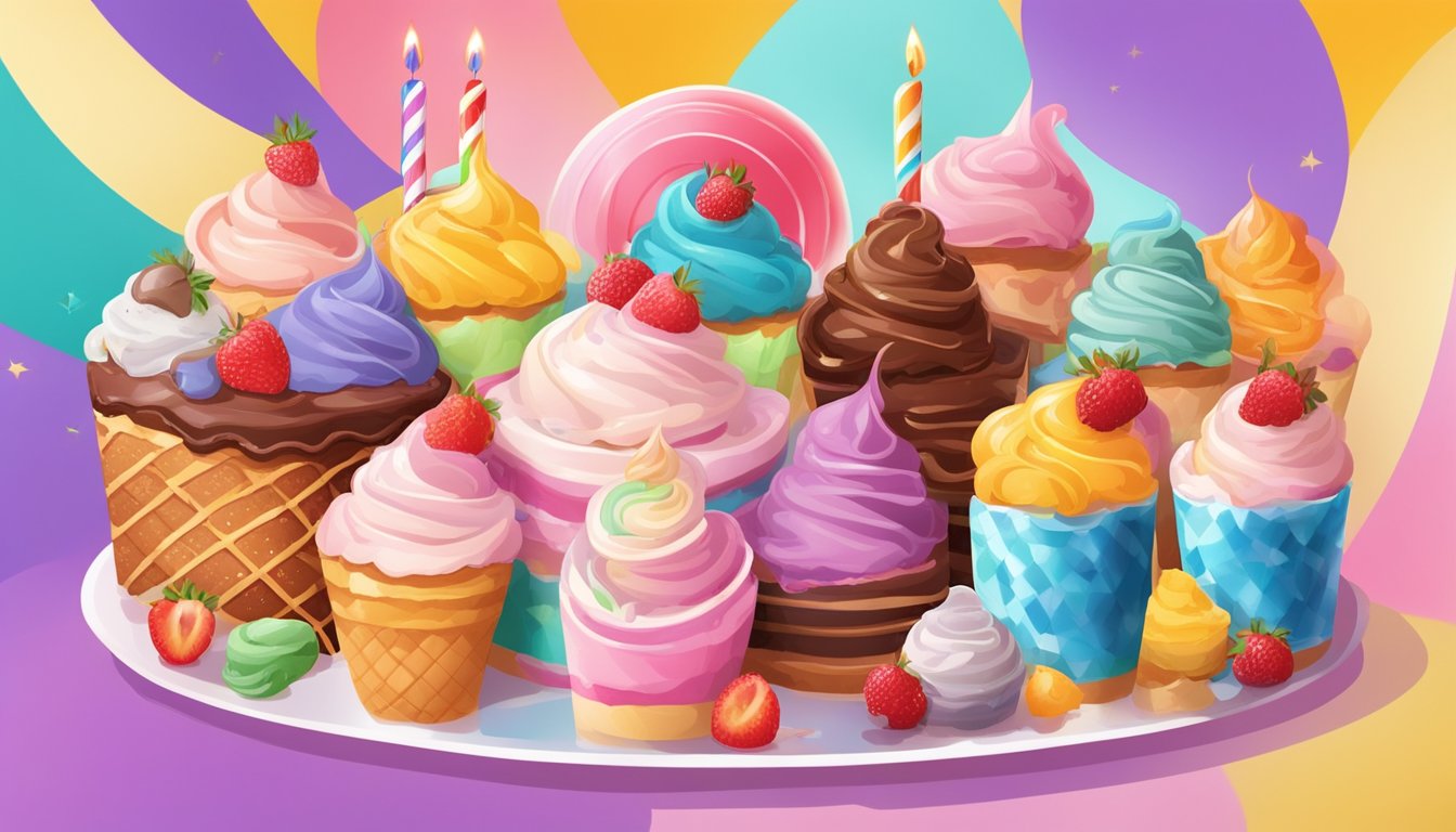 A colorful birthday cake surrounded by various flavors of sugar-free ice cream