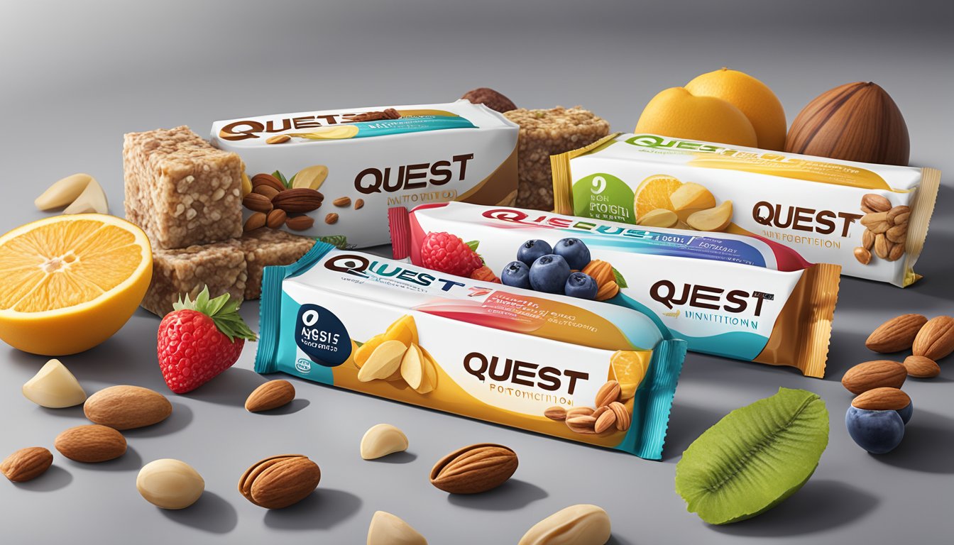 A variety of Quest Nutrition Protein Bars arranged on a sleek, modern countertop, surrounded by fresh fruits and nuts