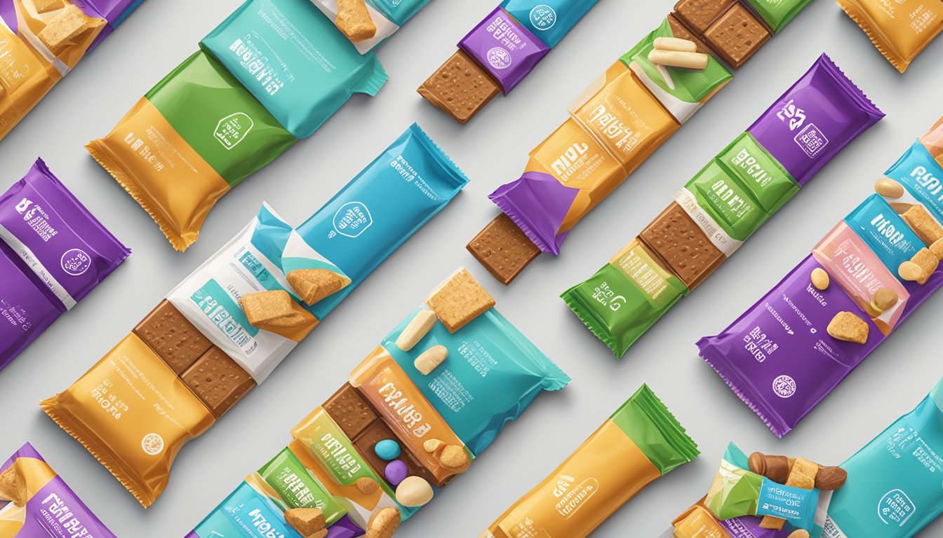 A variety of colorful, wrapped protein bars arranged on a clean, modern countertop