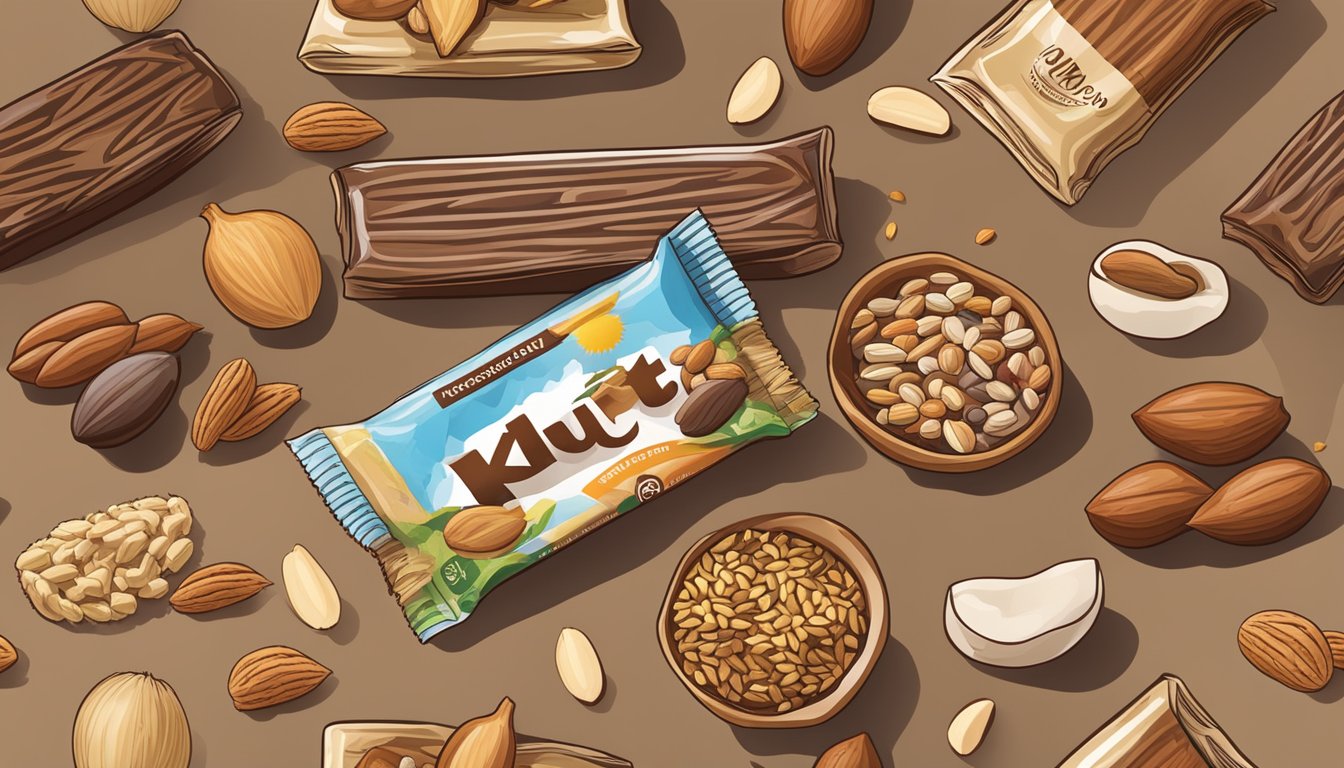 A variety of KIND Nut Bars arranged on a table with a selection of nuts and seeds scattered around them