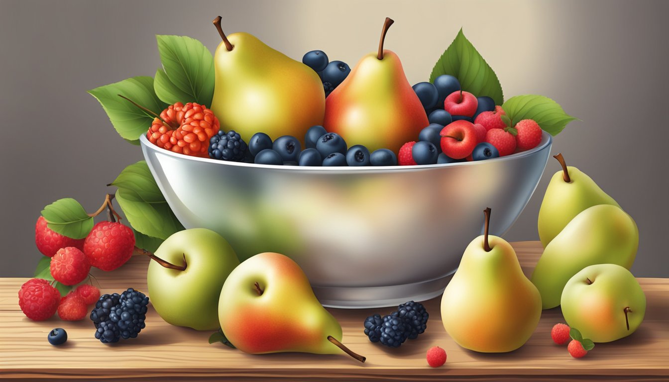 A bowl of assorted pears, apples, and berries on a wooden table