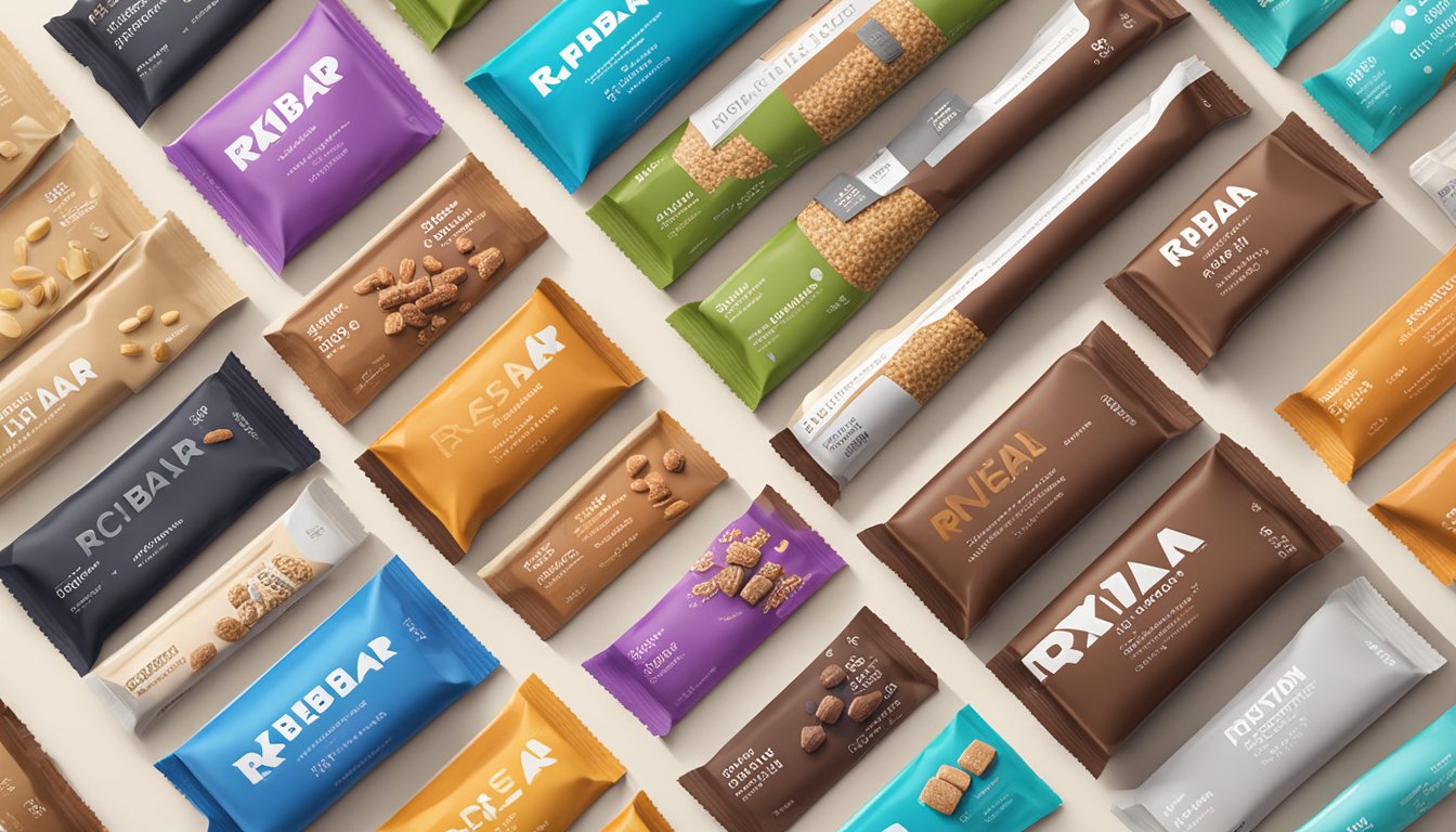 A variety of RXBAR protein bars arranged on a clean, modern countertop with a selection of fresh, low-carb ingredients nearby