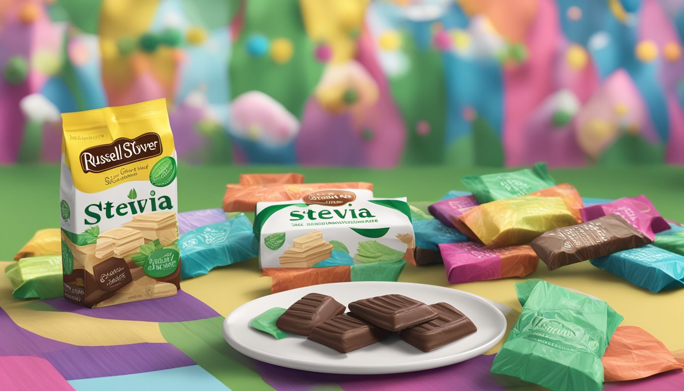 A table with six assorted Russell Stover Stevia Bark chocolates arranged on a plate, surrounded by colorful wrappers and a decorative backdrop