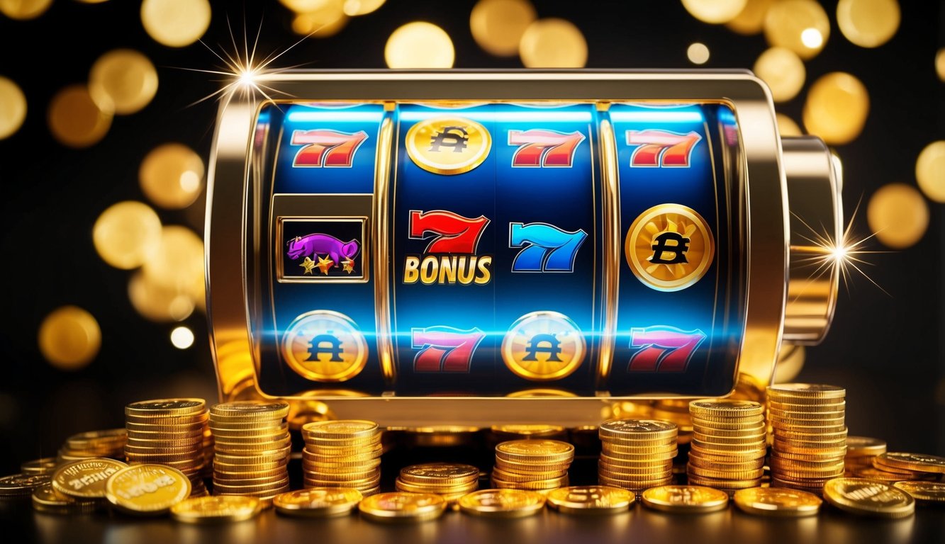 Sebuah mesin slot online yang hidup dikelilingi oleh koin emas dan simbol bonus yang berkilau